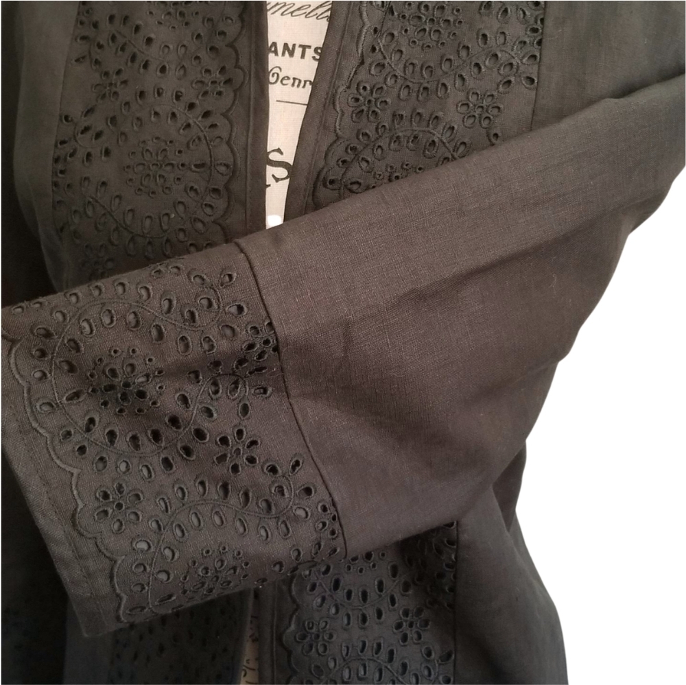 Anne Carson Black Linen Eyelets 3/4 Sleeves Jacket Mandarin Collar Size Large - Picture 5 of 7